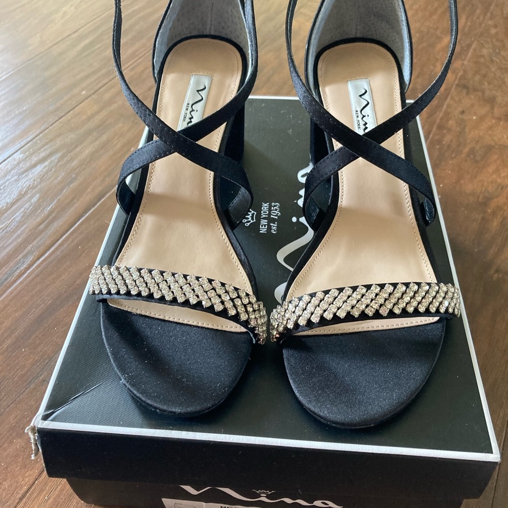 Nina black luster satin pump
